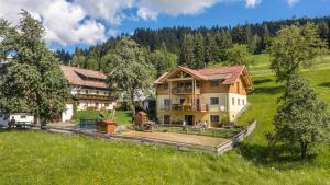 a large house in the middle of a green field at Historischer Bauernhof Schabus in Tröpolach