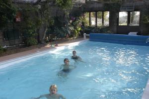 Dos niños están nadando en una piscina en Pekes Tudor View en Hailsham