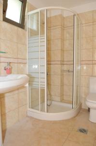 a bathroom with a shower and a toilet and a sink at Finiki Plaza in Methoni