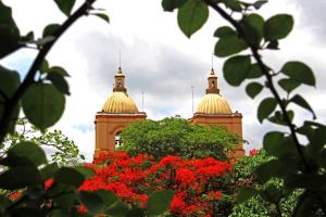 ein Gebäude mit zwei Türmen mit roten Blumen in der Unterkunft Del Parque Hotel in Corozal