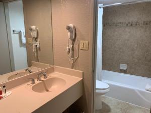 
a bathroom with a sink, toilet and shower at Ramada by Wyndham Kissimmee Gateway in Orlando
