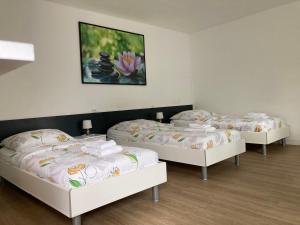 a group of three beds in a room at Studios Lora RM 860 in Saint-Louis