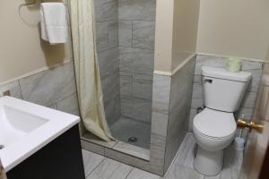 a bathroom with a shower with a toilet and a sink at Motel Reedsburg in Reedsburg +26 photos