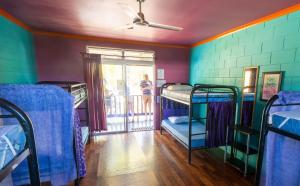 a room with three bunk beds and a window at Cool Bananas Backpackers in Agnes Water