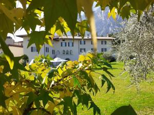 ein großes weißes Gebäude im Hintergrund mit grünen Bäumen in der Unterkunft Borgo San Nazzaro in Riva del Garda