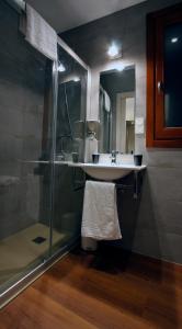 a bathroom with a sink and a shower at Pensión Iturriza in Donostia-San Sebastián