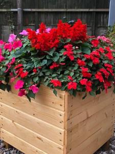 a wooden planter with red flowers in it at Cosy Log Cabin - The Dookit - Fife in Markinch
