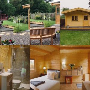 a collage of photos of a backyard with a bench and a fountain at Cosy Log Cabin - The Dookit - Fife in Markinch