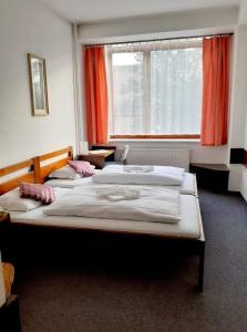 2 camas individuales en una habitación con ventana en Hotel Apollo en Valašské Meziříčí