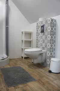 a bathroom with a toilet and a shower and a rug at Agroturystyka Pokoje Stajnia Lidia in Serock