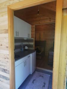 una cocina en una cabaña de madera con una puerta abierta en Vikendica Mijajlović 2, en Kuršumlija