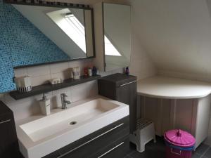een badkamer met een wastafel en een spiegel bij Julie's Place in Westerlo