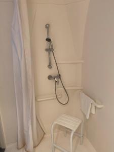 La salle de bains est pourvue d'une douche et d'un tabouret. dans l'établissement Ibis budget Verdun, à Verdun-sur-Meuse