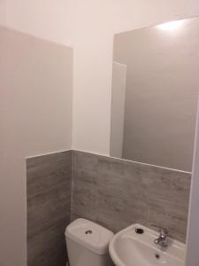 ein Badezimmer mit einem Waschbecken, einem WC und einem Spiegel in der Unterkunft Infinity in Třebíč