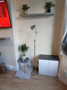 een kamer met een lamp en een tafel met een plant bij Next to Aintree Golf Course in Aintree