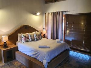 ein Schlafzimmer mit einem Bett mit zwei Lampen und einem Fenster in der Unterkunft Hadeda Lodge, Mabalingwe in Bela-Bela