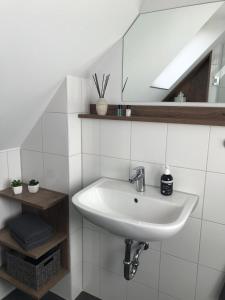 a bathroom with a sink and a mirror at Ferienwohnung Siedlungsnest in Anklam