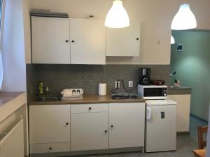 a kitchen with white cabinets and a sink and a microwave at Garsoniera Mandrilor in Slănic