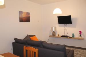 a living room with a couch and a tv at Hospedaria Da Barragem in Montargil