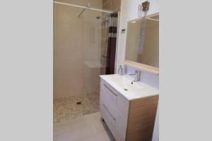 a bathroom with a white sink and a shower at 33 Ter Bon pied à terre in La Rochelle