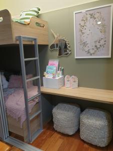 a bunk bed with a ladder and a shelf at Equestrian Farm Stay in One Tree Hill