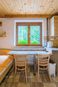 a kitchen with a table and two chairs and a window at Apartmány U Žaloudků in Dolní Morava