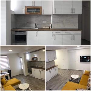 two pictures of a kitchen with white cabinets at Apartman MONA Bijeljina in Bijeljina