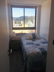 a bedroom with a bed and a large window at Departamento Freire 1062 in Concepción