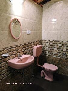 ein Badezimmer mit einem rosa Waschbecken und einem WC in der Unterkunft Avalon Inn in Mandrem