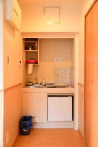 uma pequena cozinha com um lavatório e um balcão em 上野之家分館家庭房 em Tóquio