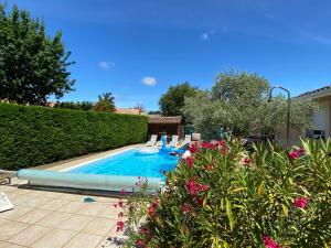 アレにあるMaison avec piscine chauffée Bassin d Arcachonの青いインフレータブル付きの庭のプール