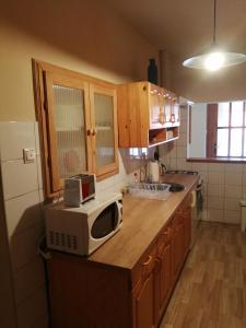 a kitchen with a microwave on top of a counter at Apartmanház Mohács in Mohács