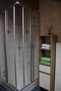 eine Dusche mit Glastür im Bad in der Unterkunft Biohof Babel in Sachsenkam