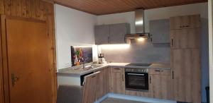 uma cozinha com um lavatório e um fogão forno superior em Apartment Claudia em Gröbming
