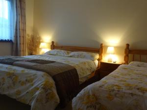 two beds in a bedroom with two lamps on them at Currane Lodge in Waterville