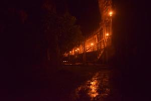a train at night with lights on the tracks at Lodge Jungle Wolf Expeditions in Yucuruche