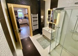 a bathroom with a shower and a sink and a toilet at Apartamenty Na Przełaj - sauna i gorąca beczka in Poronin