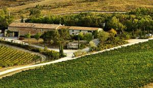 una vista aérea de una casa y una carretera junto a un campo en Jacuzzi, sauna, healthy food dans ancienne bergerie en Roquetaillade