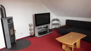 sala de estar con sofá y TV de pantalla plana en Villa Karin, en Breitungen