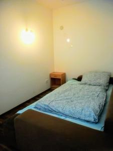 ein Schlafzimmer mit einem Bett und einer Lampe an der Wand in der Unterkunft Hannover Messe Wohnung 2 in Hannover
