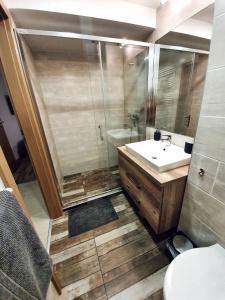 a bathroom with a shower and a sink and a toilet at Portofino Apartman in Sárvár