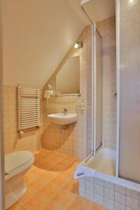 Un baño con inodoro, lavabo y ducha. en Sunvita, en Lądek-Zdrój 21 fotos más