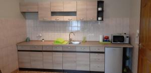 a kitchen with a sink and a microwave at Flora Apartman in Gyula