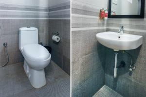 two pictures of a bathroom with a toilet and a sink at Hotel Mallikarjuna Residency in Hyderabad +21 photos
