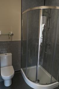 a bathroom with a shower and a toilet at Tredegar Arms Hotel in Tredegar