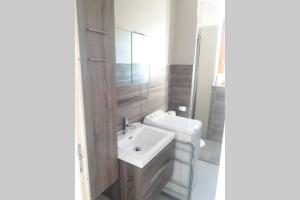 een badkamer met een witte wastafel en een spiegel bij T2 proche du lac in Aix-les-Bains
