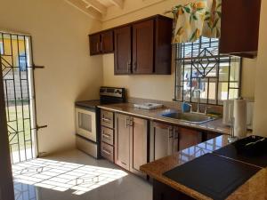 eine Küche mit Holzschränken und einer Arbeitsplatte in der Unterkunft Bing's Home Away From Home in Ocho Rios
