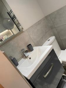 ein Badezimmer mit einem weißen Waschbecken und einem WC in der Unterkunft Cambridge Villas Private Studio Lytham St Annes in Saint Annes on the Sea