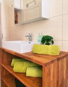 een badkamerbar met een wastafel en groene handdoeken bij Ferienapartments HarzZeit in Wernigerode