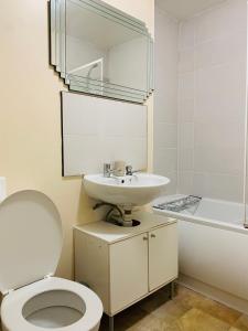 La salle de bains est pourvue de toilettes, d'un lavabo et d'une baignoire. dans l'établissement Pine Lodge, à Gillingham